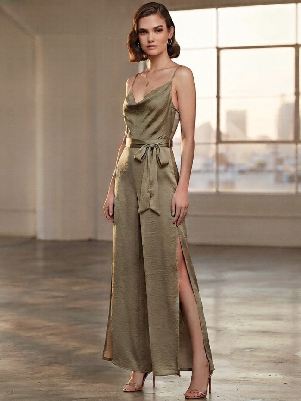 Zara Basic Draped Crinkled Texture Jumpsuit Side Slits Olive Green Size S
